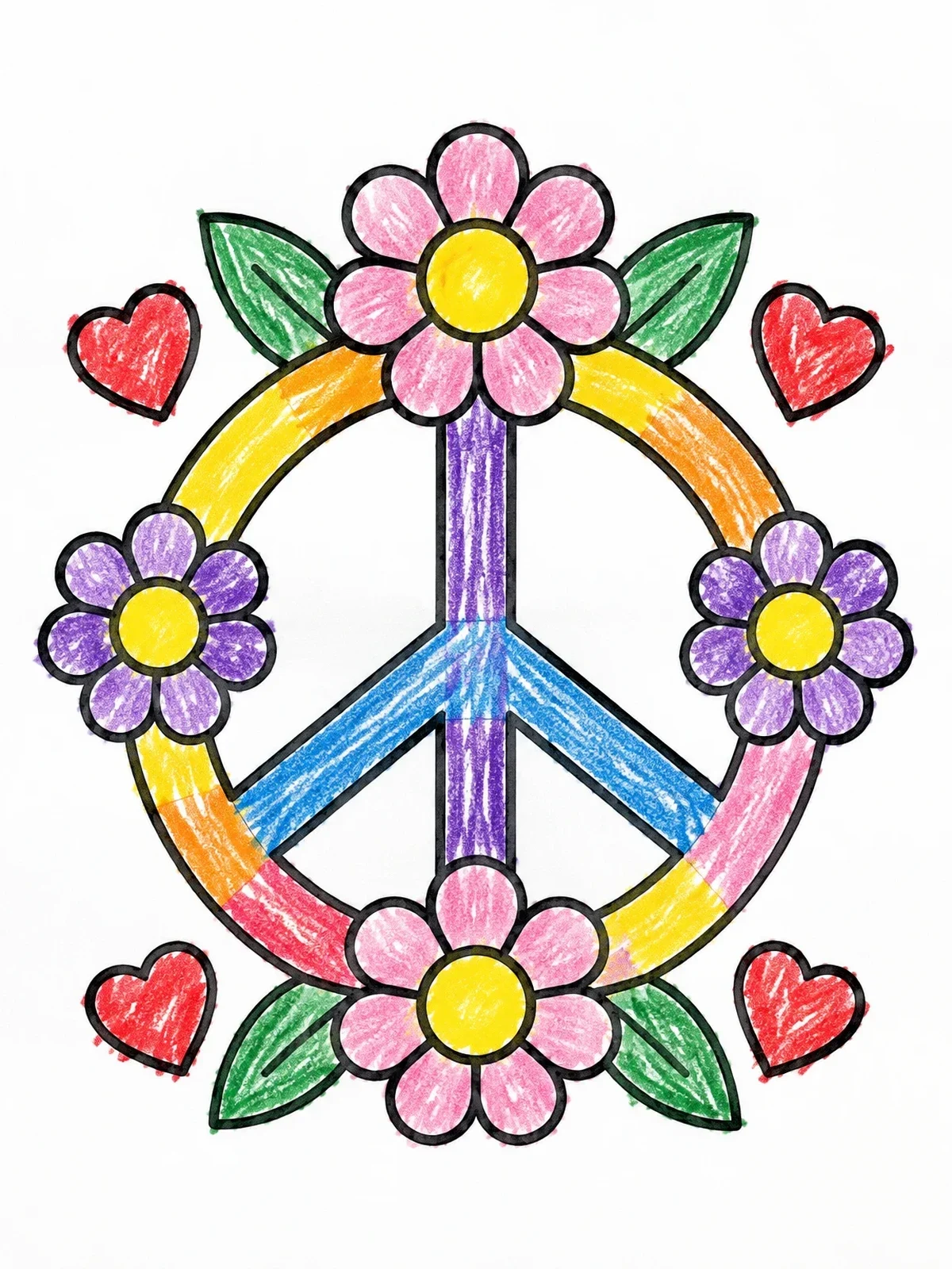 Colored example of the Peace Sign With Flowers And Hearts coloring page