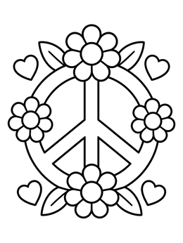 Free printable Peace Sign With Flowers And Hearts coloring page