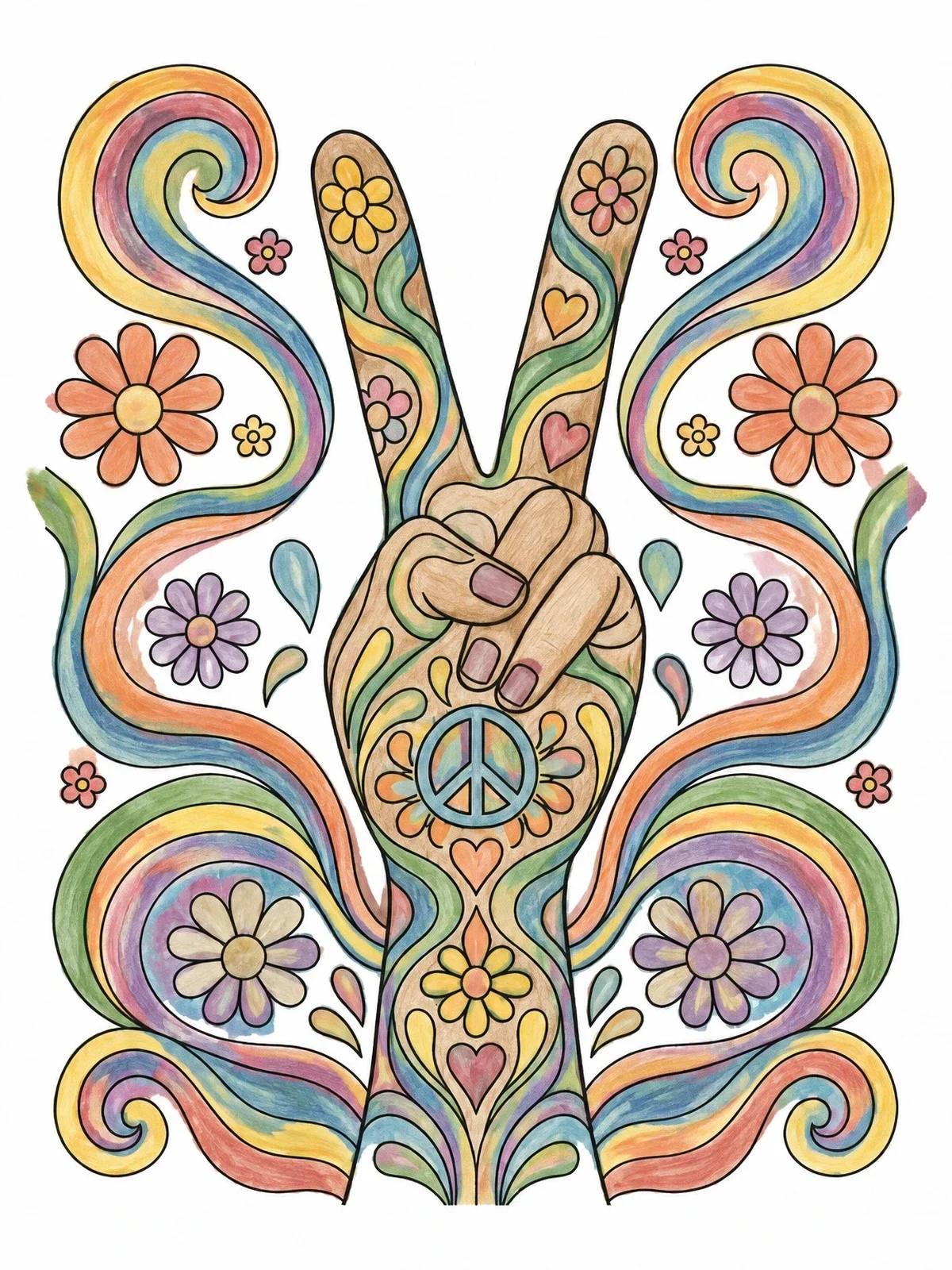 Colored example of the Psychedelic Peace Hand With Flowers coloring page