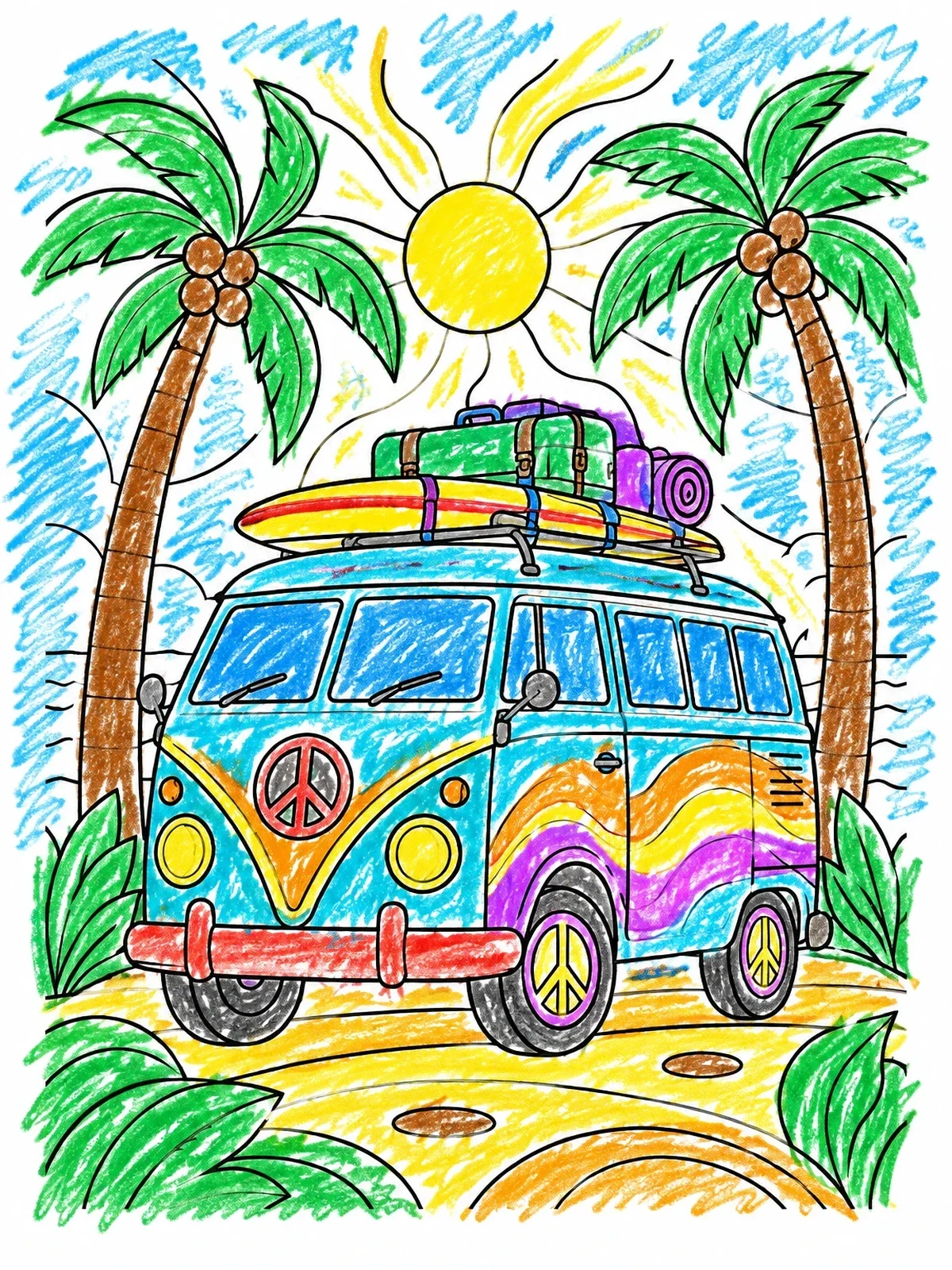 Colored example of the Retro Camper Van Under Palm Trees coloring page