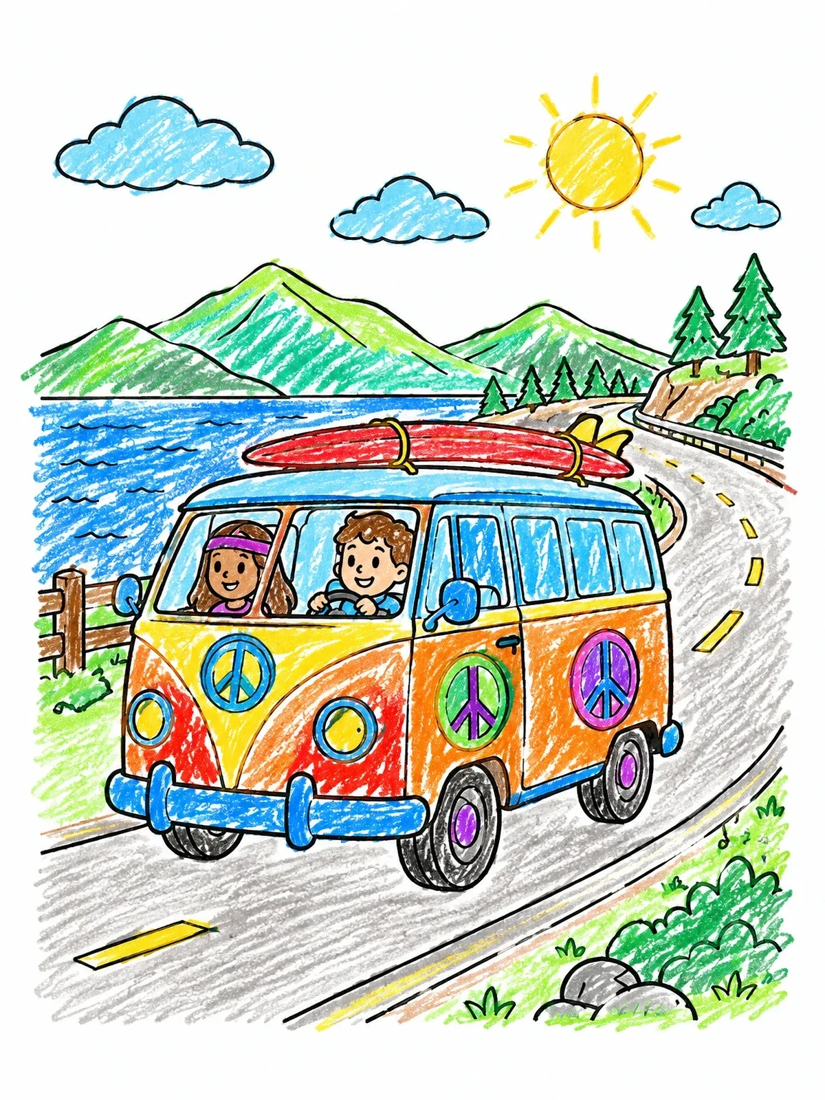 Colored example of the Retro Camper Van Road Trip coloring page