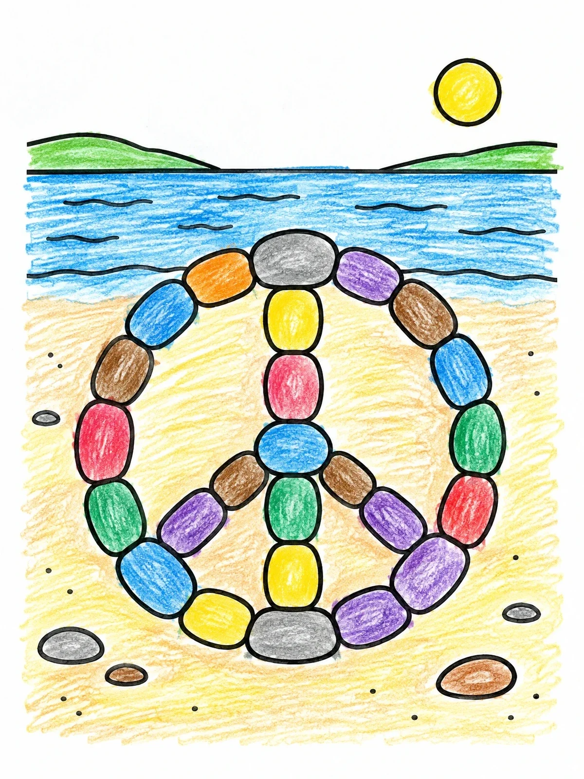 Colored example of the Stone Peace Sign On Shore coloring page