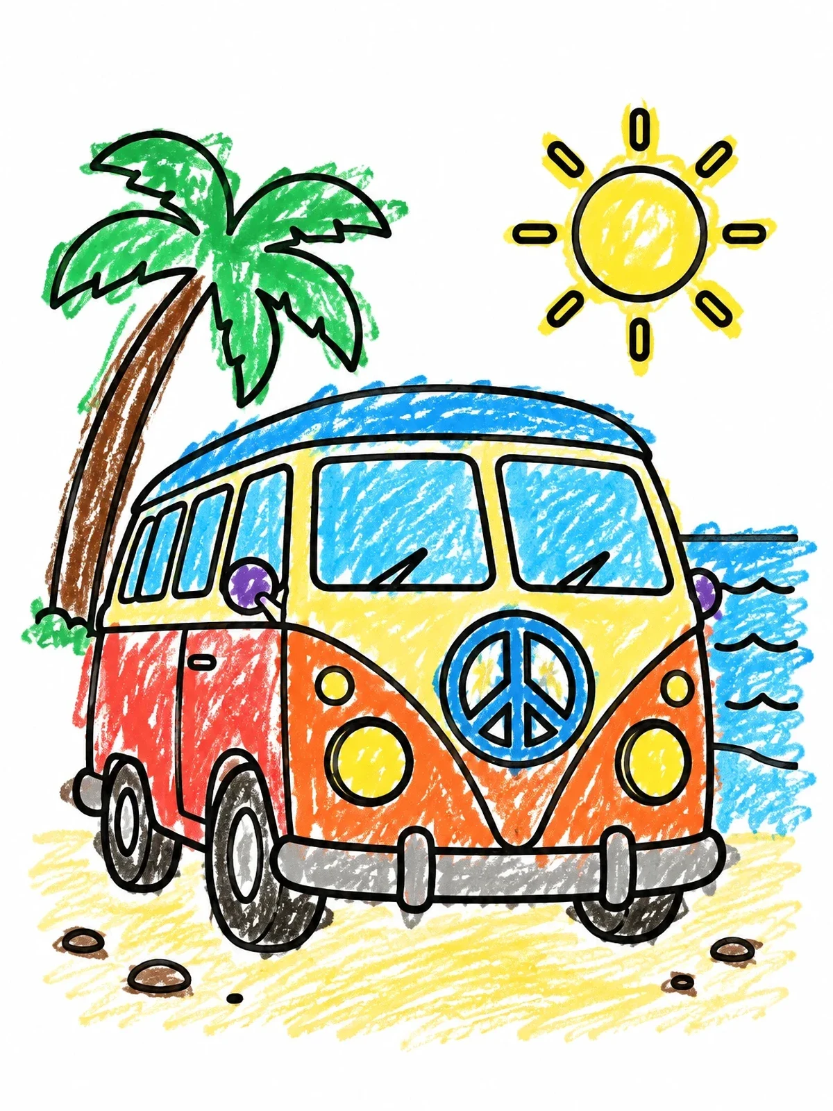 Colored example of the Vintage Camper Van At The Beach coloring page