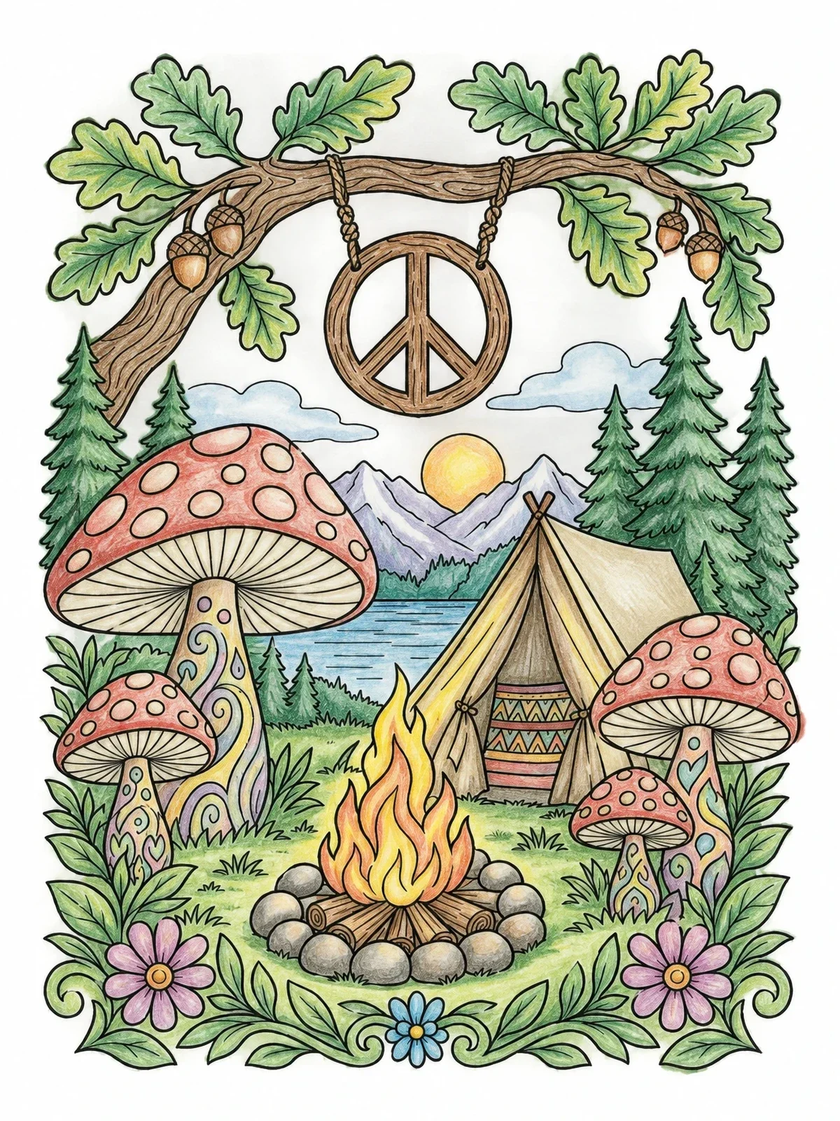 Colored example of the Woodland Campsite With Peace Sign coloring page