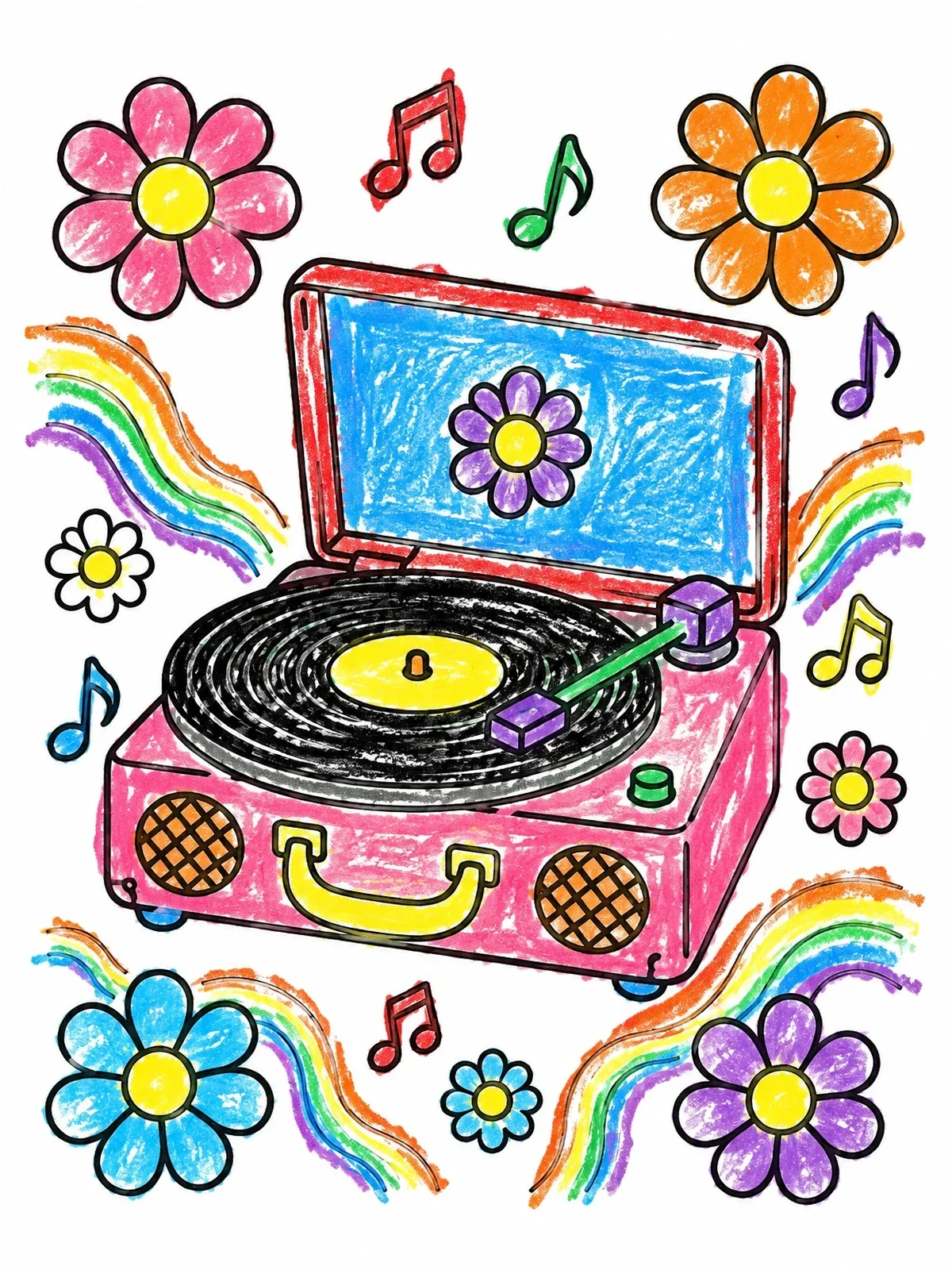 Colored example of the Groovy Record Player With Flowers coloring page