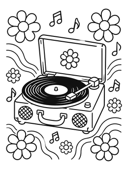 Free printable Groovy Record Player With Flowers coloring page