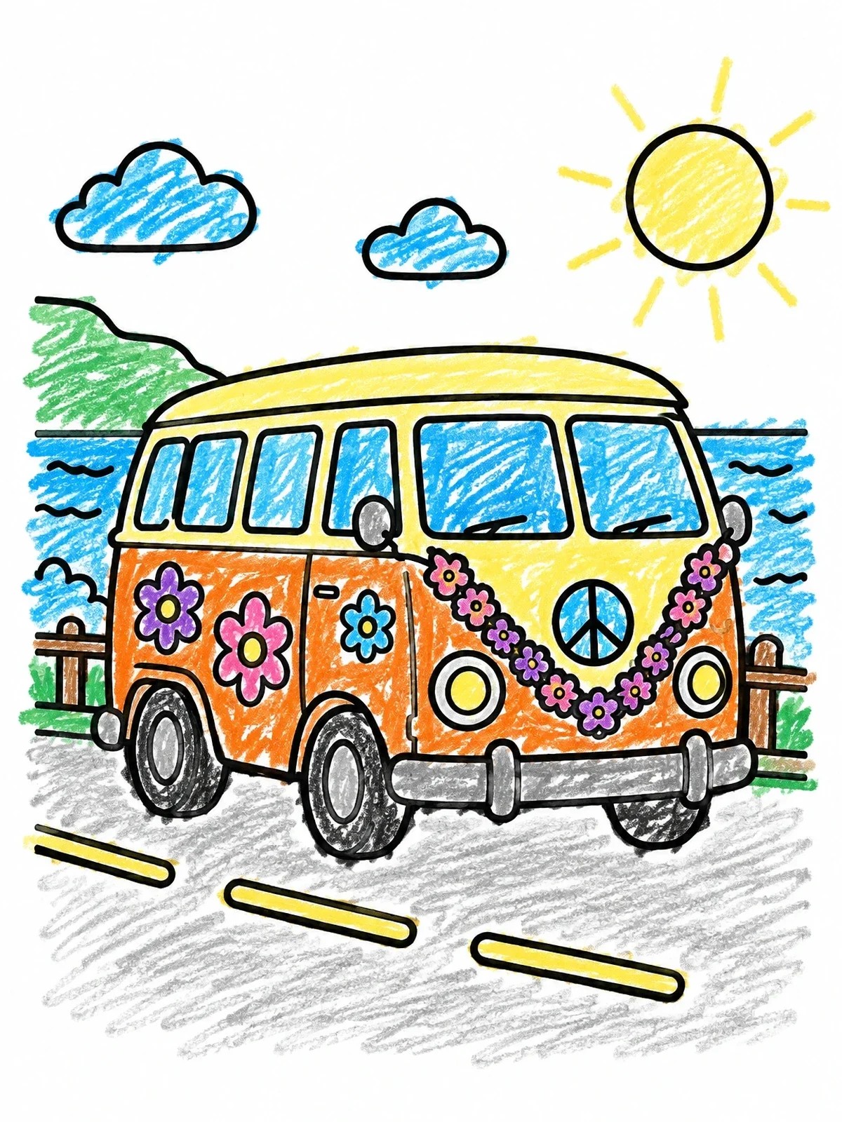 Colored example of the Retro Camper Van By The Sea coloring page