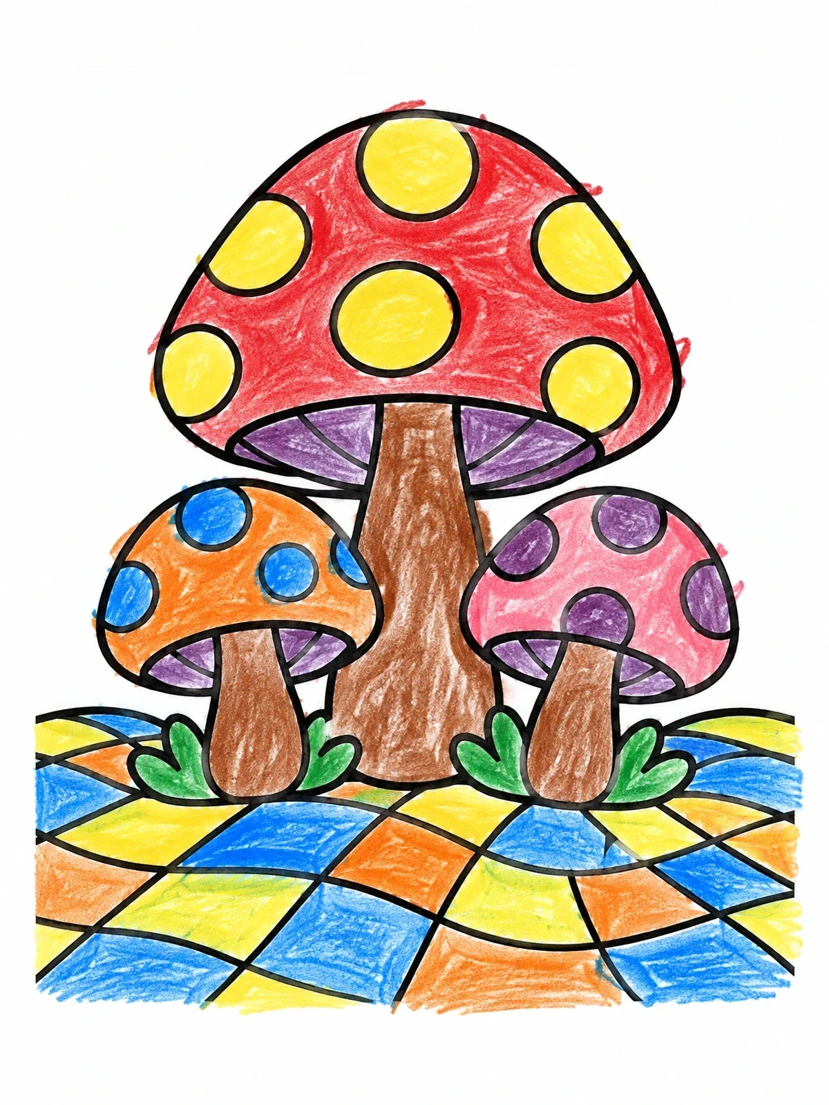 Colored example of the Retro Spotted Mushrooms On Wavy Ground coloring page