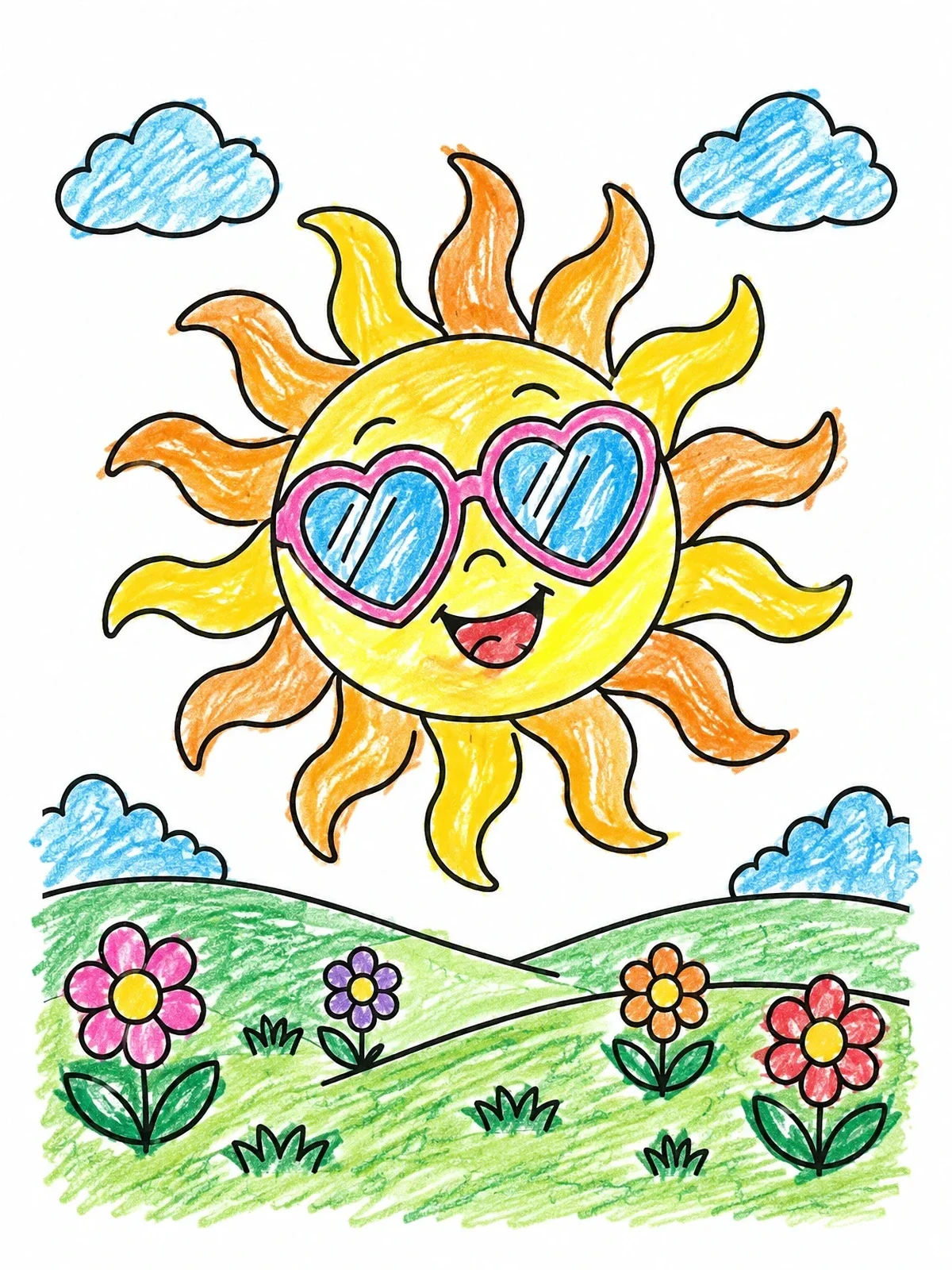 Colored example of the Retro Sun With Heart Sunglasses coloring page
