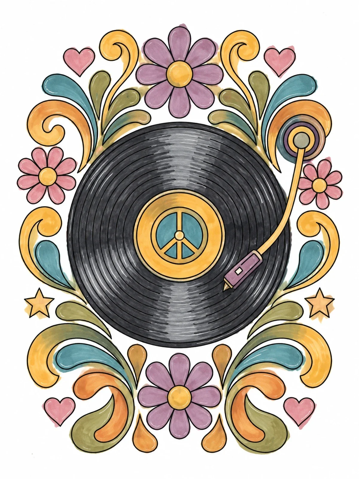 Colored example of the Retro Vinyl Record With Floral Swirls coloring page