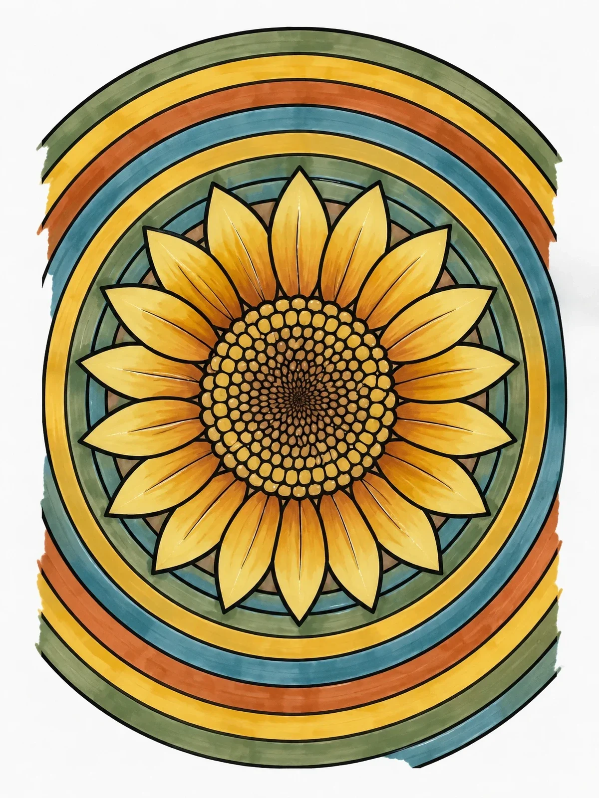 Colored example of the Groovy Sunflower With Optical Circles coloring page