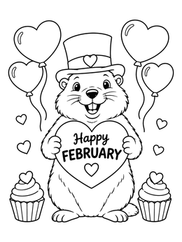 A smiling groundhog in a top hat holds a heart sign in this february coloring page.