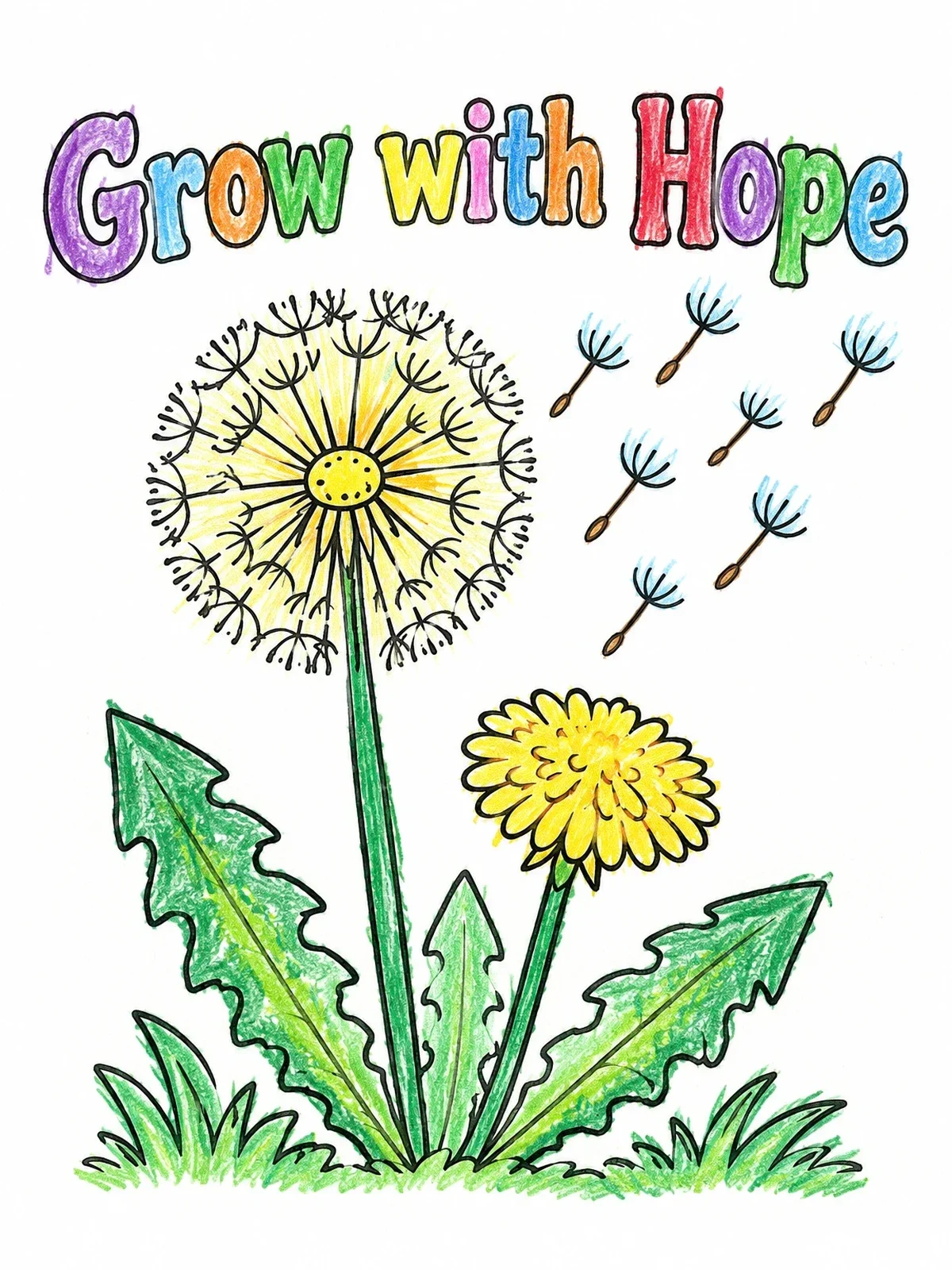 Colored example of the Grow With Hope Dandelion coloring page