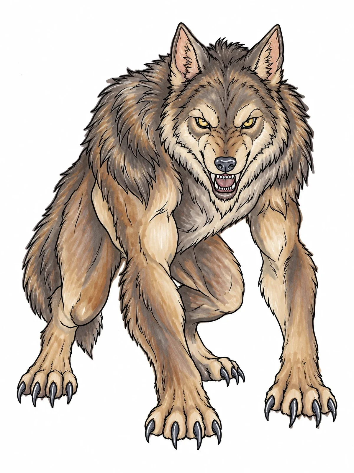 Colored example of the Growling Werewolf Crouching On Paws coloring page