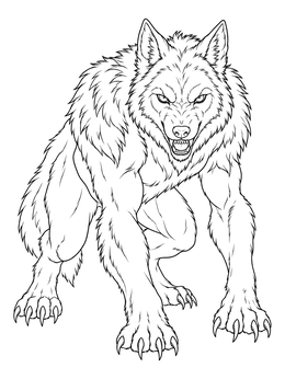 Detailed werewolf coloring page showing a snarling beast crouching forward on muscular paws.