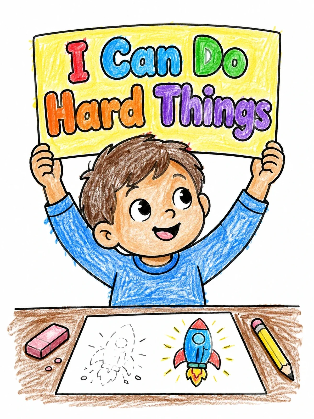 Colored example of the Boy Holding I Can Do Hard Things Sign coloring page
