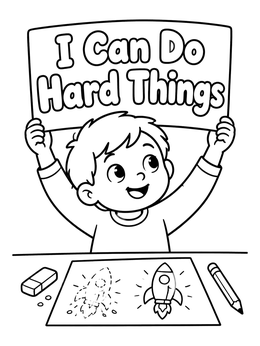 Free printable Boy Holding I Can Do Hard Things Sign coloring page