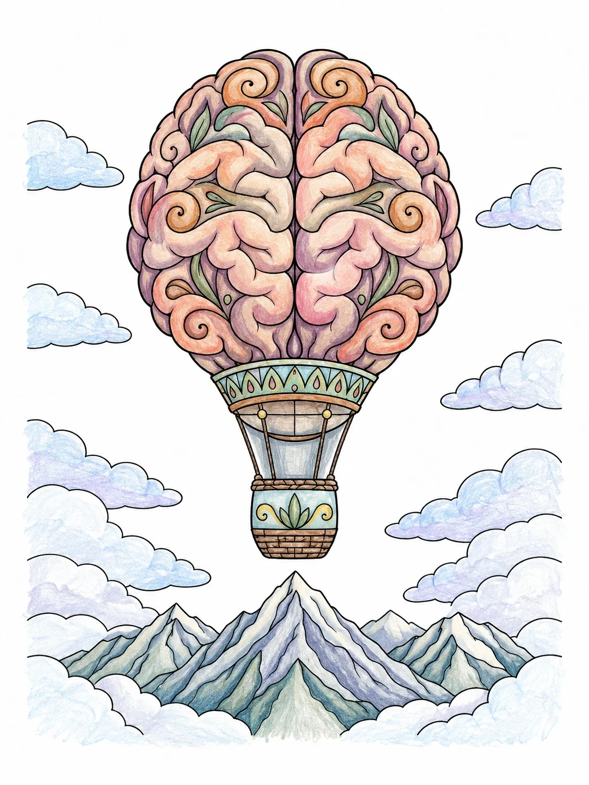 Colored example of the Brain Hot Air Balloon Over Mountains coloring page