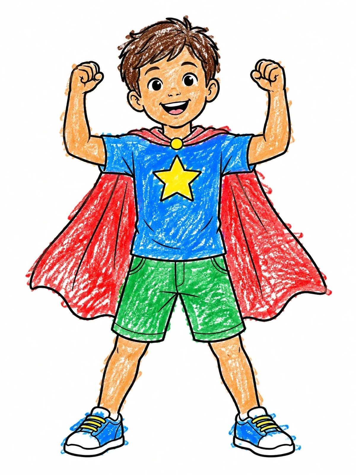 Colored example of the Confident Superhero Child Standing Proudly coloring page