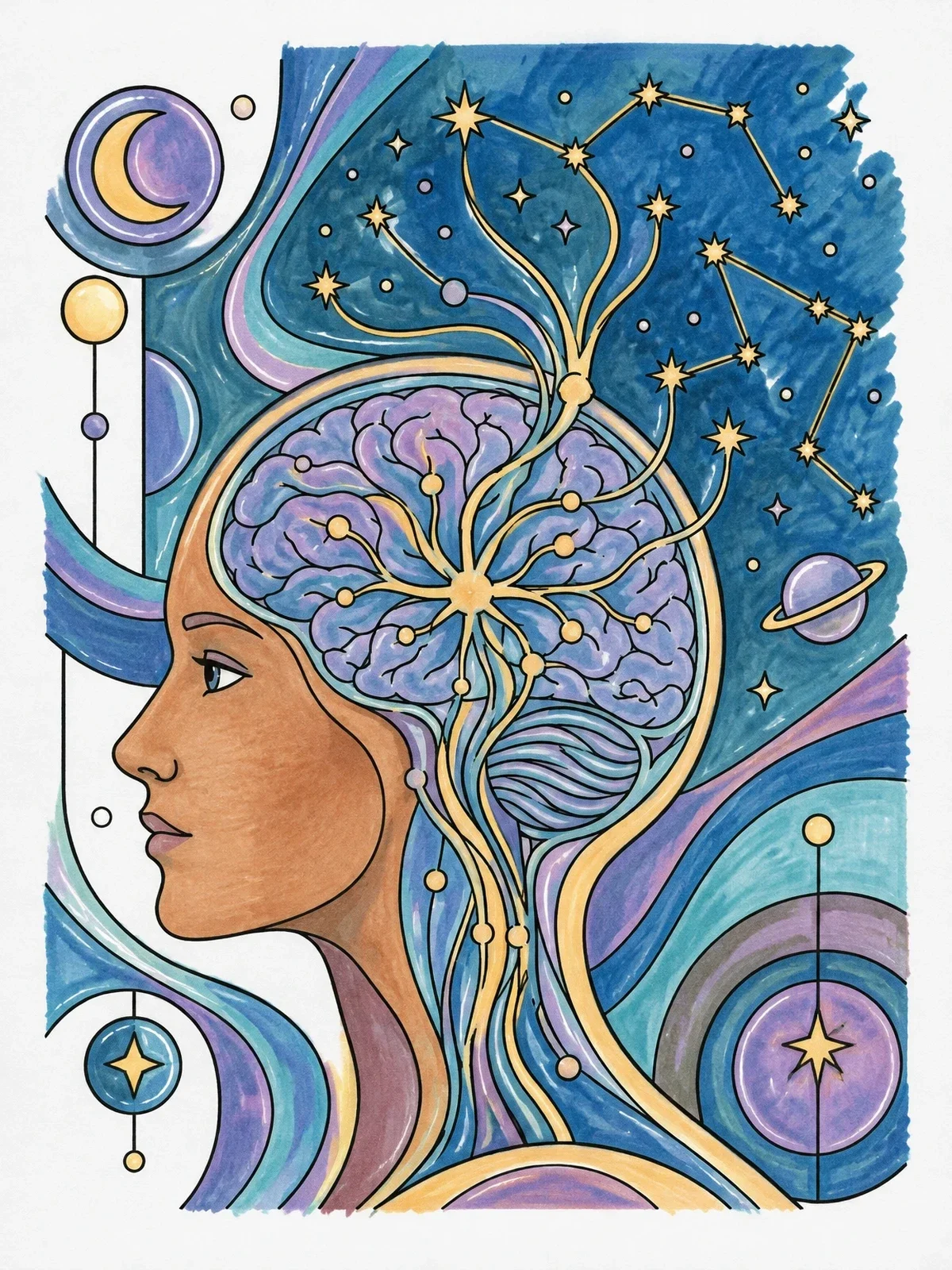 Colored example of the Cosmic Mind And Neural Constellations coloring page