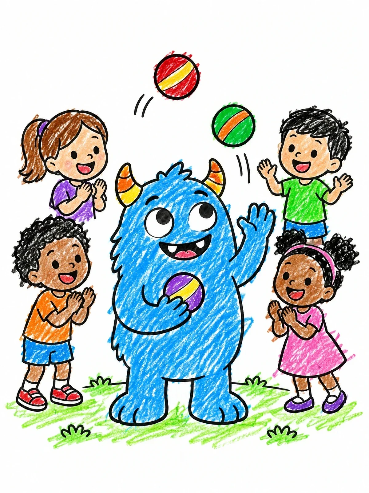 Colored example of the Friendly Monster Learning To Juggle coloring page