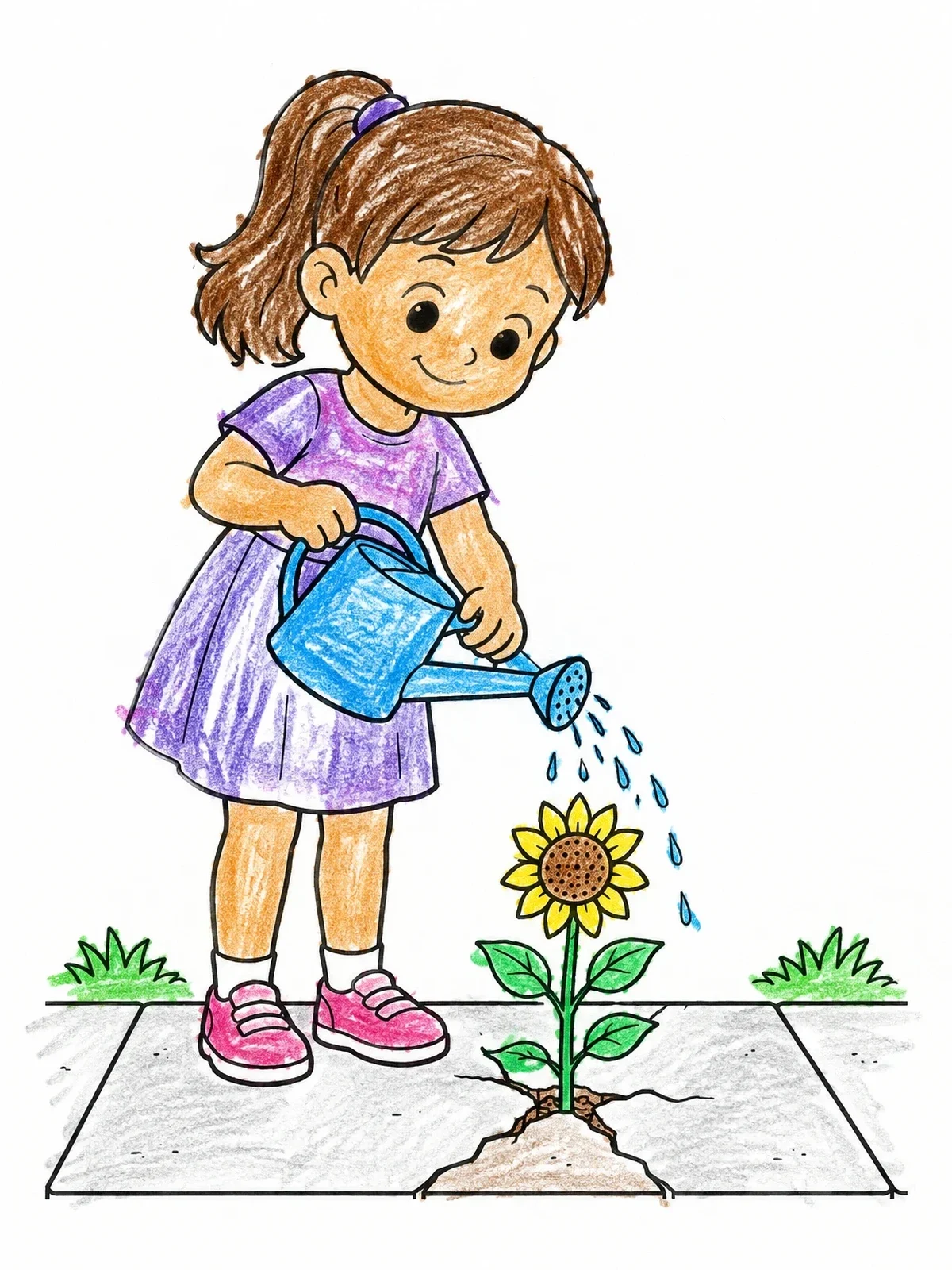Colored example of the Little Girl Watering A Sidewalk Sunflower coloring page