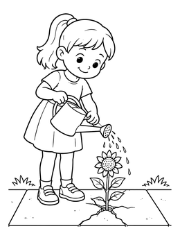 Free printable Little Girl Watering A Sidewalk Sunflower coloring page