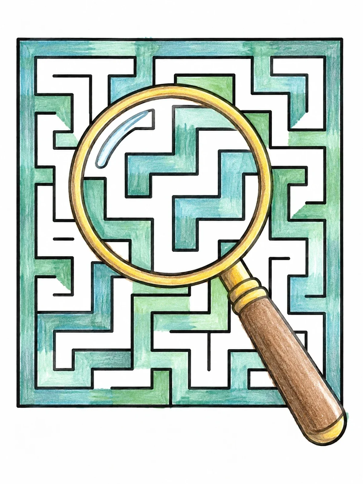 Colored example of the Magnifying Glass Over Maze Puzzle coloring page