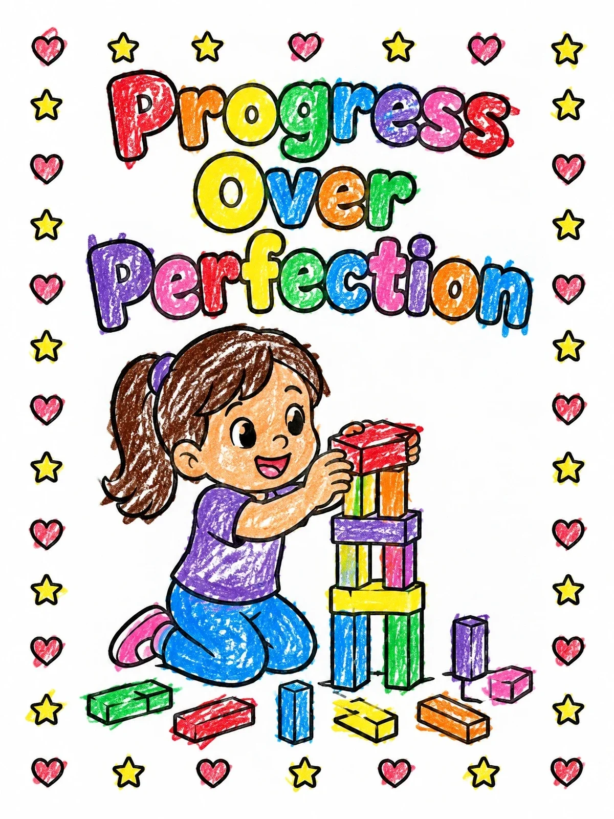 Colored example of the Progress Over Perfection Block Tower coloring page