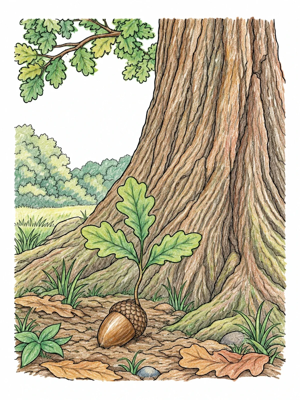Colored example of the Sprouting Acorn By Oak Tree coloring page