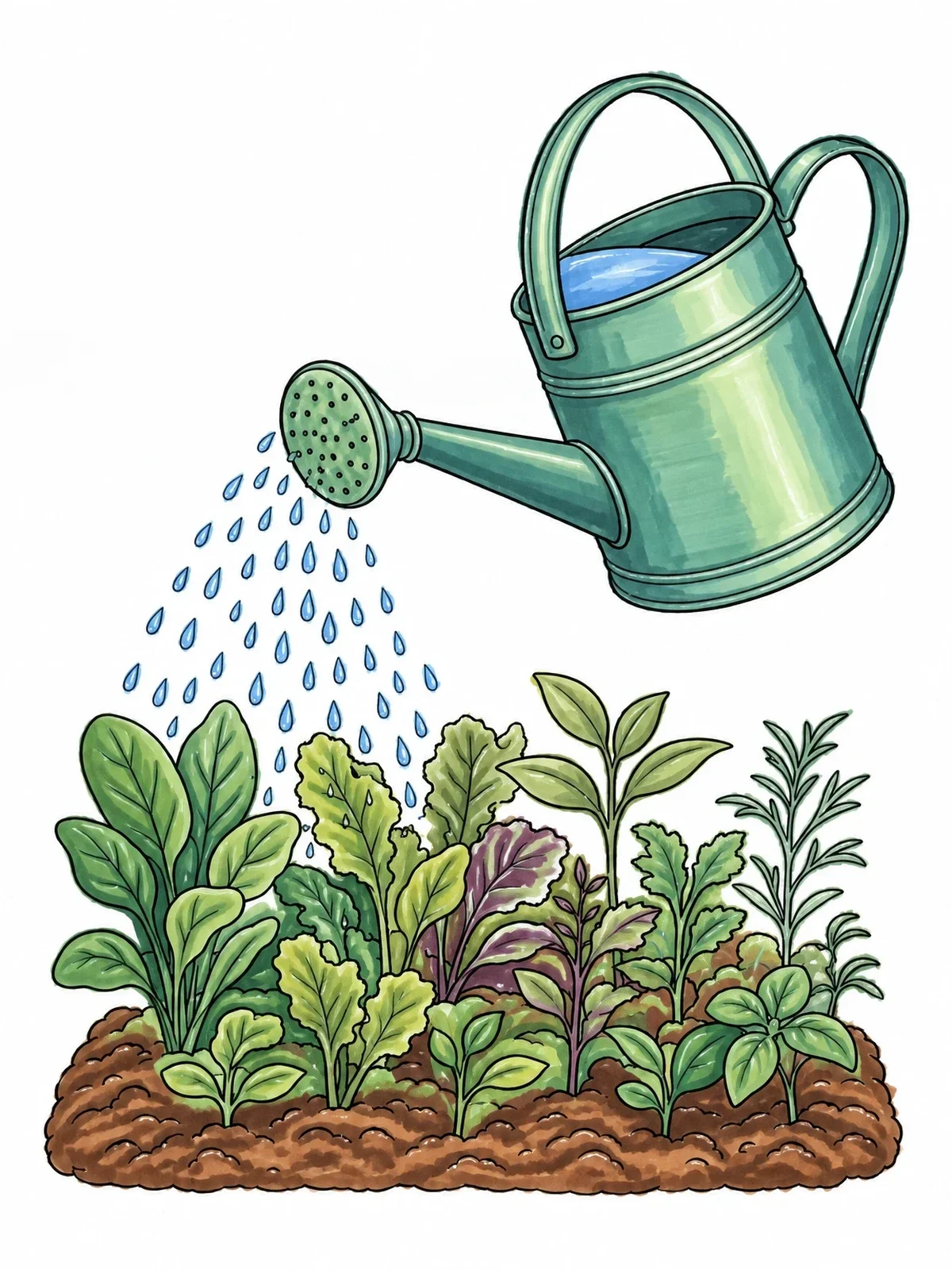 Colored example of the Watering Can Nurturing Garden Sprouts coloring page