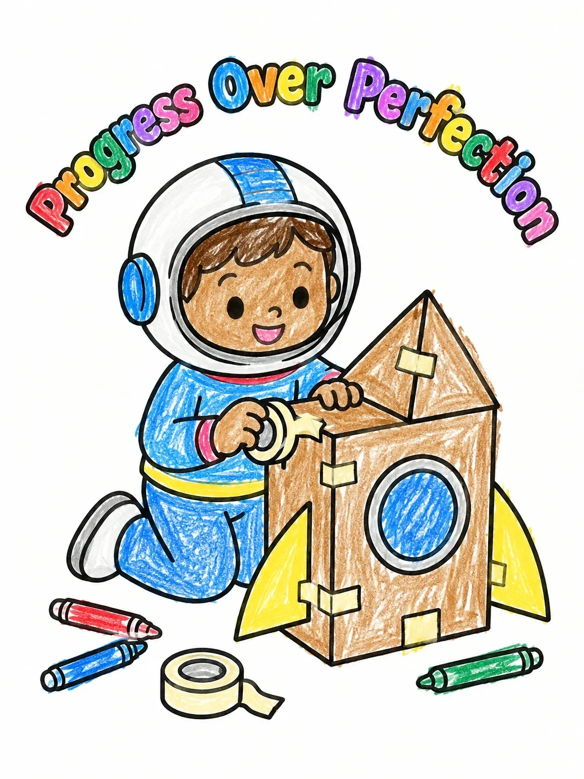 Colored example of the Young Astronaut Building Cardboard Rocket coloring page