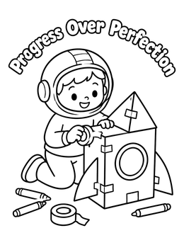 Free printable Young Astronaut Building Cardboard Rocket coloring page