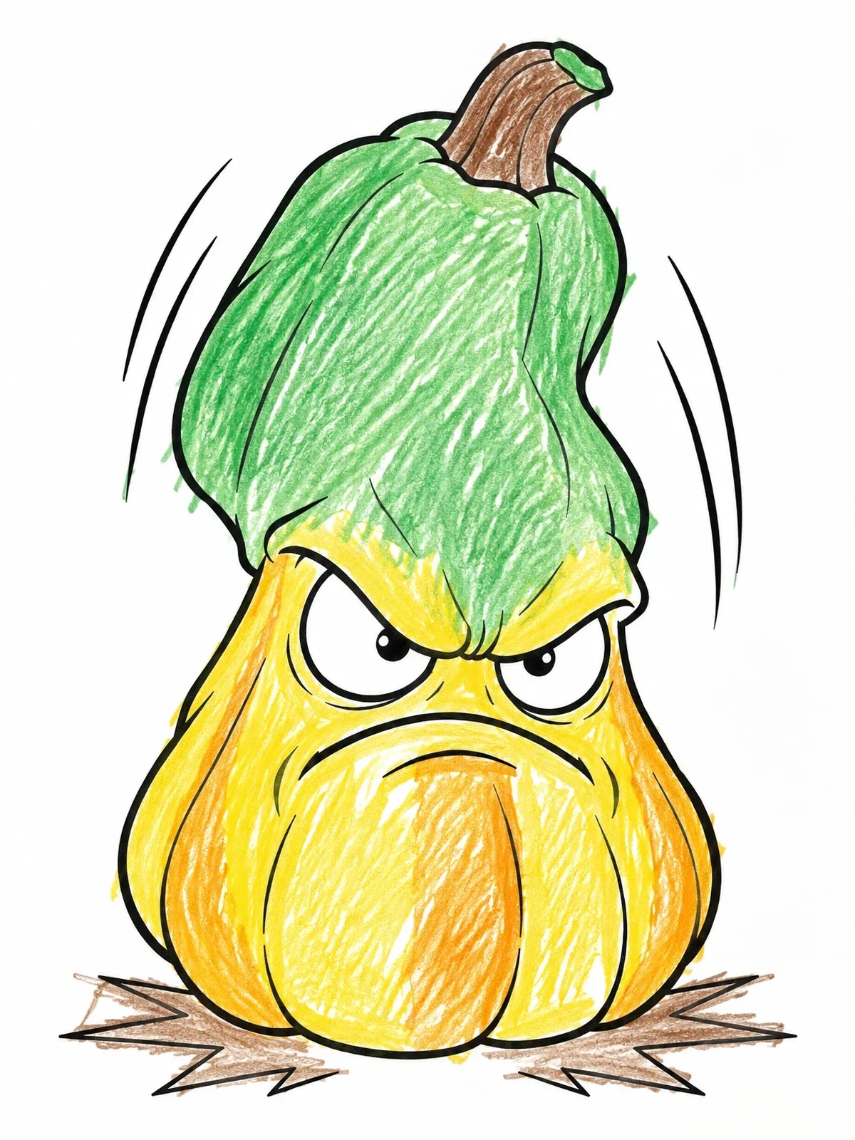 Colored example of the Grumpy Cartoon Squash Character coloring page