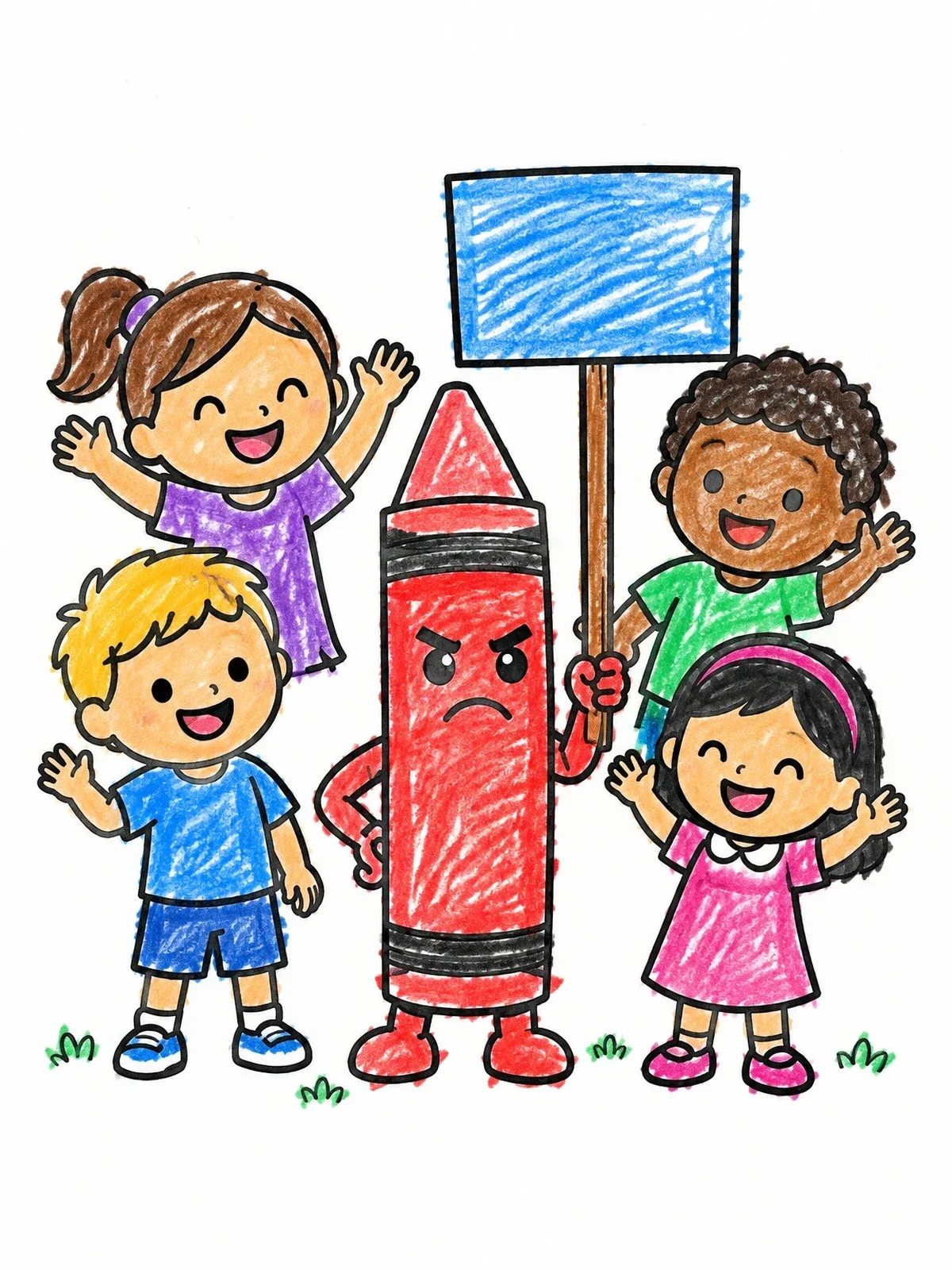 Colored example of the Grumpy Crayon With Happy Children coloring page