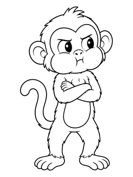 A grumpy monkey coloring page showing a cute monkey crossing its arms and puffing its cheeks.