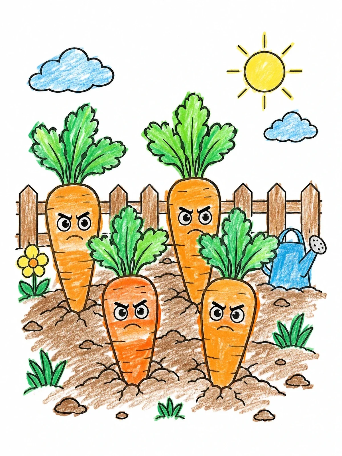 Colored example of the Grumpy Garden Carrots coloring page