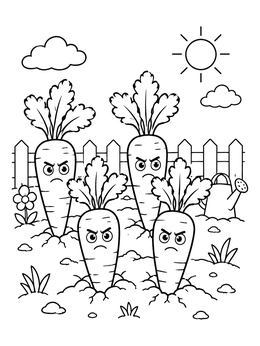 Free printable Grumpy Garden Carrots coloring page