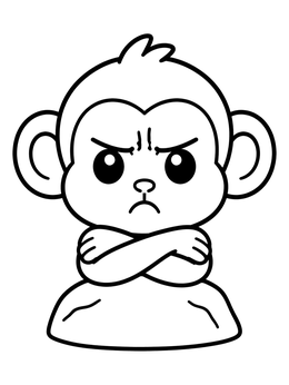 A grumpy cartoon monkey coloring page with arms crossed firmly.