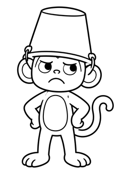 A grumpy cartoon monkey coloring page with an upside-down bucket on its head.