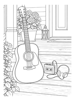 An acoustic guitar rests beside a tape player and headphones on this grunge coloring page.