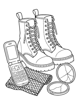 Combat boots with a flip phone and mirror in a grunge coloring page.