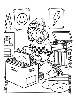 Free printable Cozy Vinyl Record Listening Room coloring page