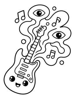 Free printable Cute Electric Guitar With Psychedelic Smoke coloring page
