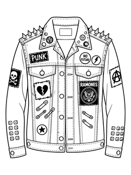 Grunge coloring page of a studded denim jacket decorated with patches and pins.