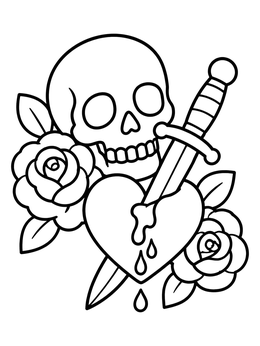 Free printable Skull Roses And Dagger Heart coloring page