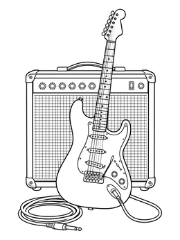 An electric guitar standing in front of an amp in this grunge coloring page.