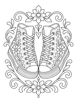Detailed grunge coloring page displaying ornate floral high-top canvas sneakers.