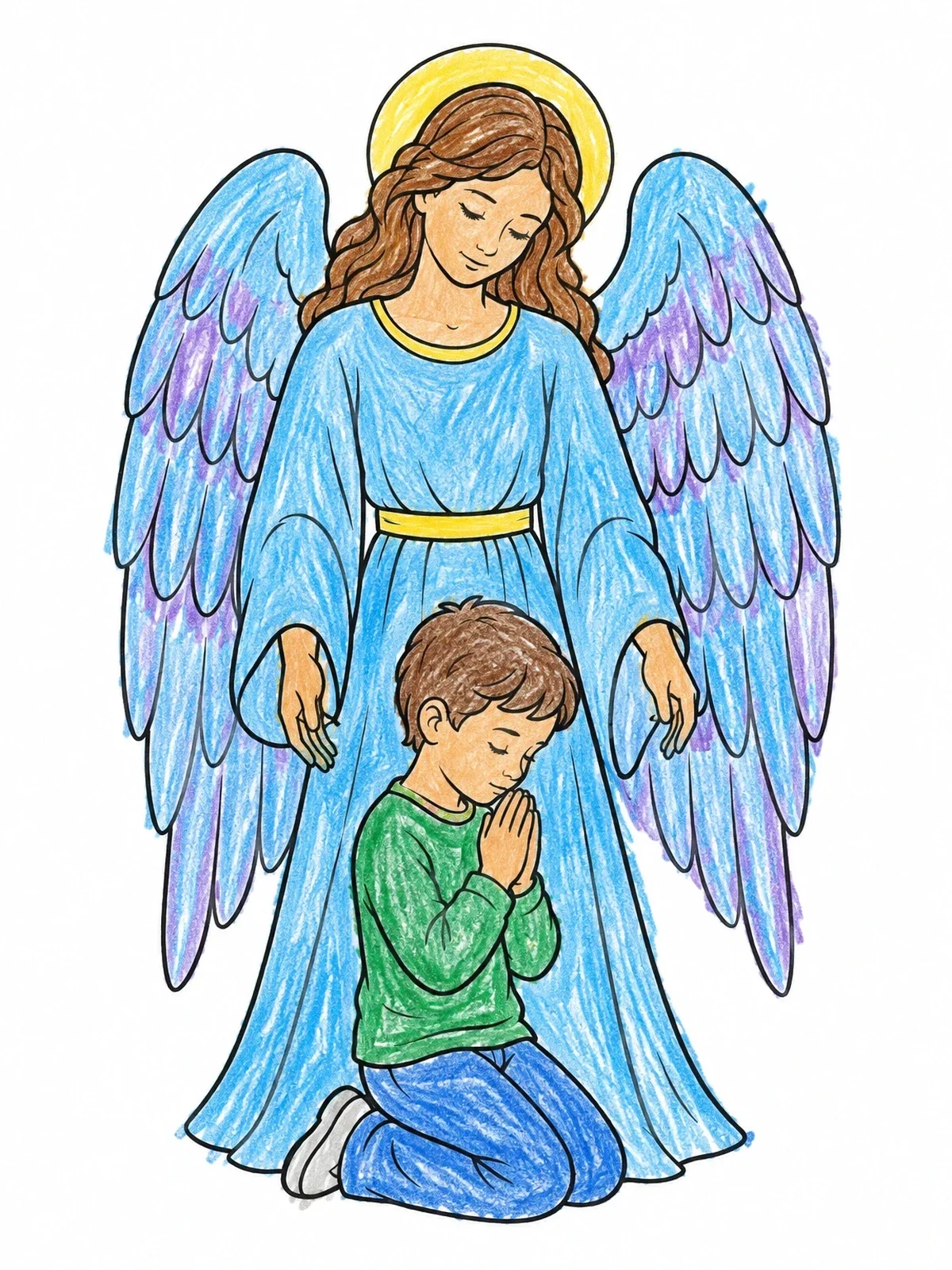 Colored example of the Guardian Angel Watching Over Praying Child coloring page