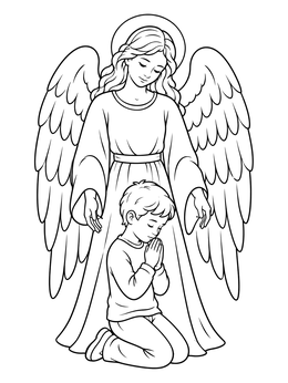 A serene guardian angel coloring page featuring a winged angel watching over a kneeling, praying boy.